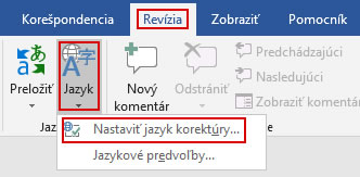 Screenshot programu Microsoft Word s vyznačením záložky Revízia, ikony Jazyk a položky Nastaviť jazyk korektúry...