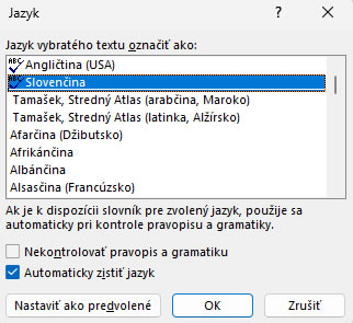Screenshot dialógového okna Jazyk so zoznamom jazykov.