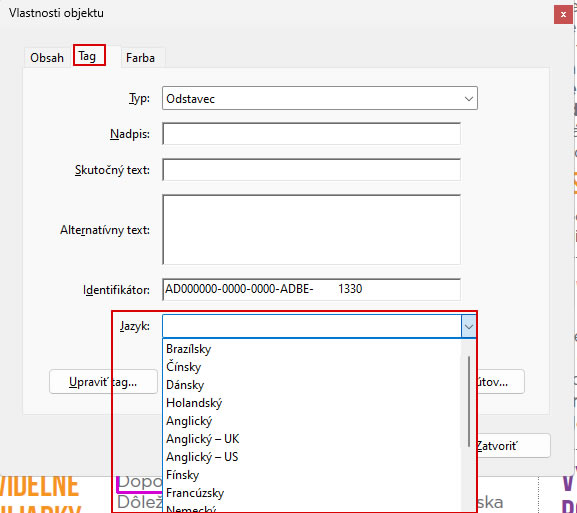 Výber jazyka pre časť PDF dokumentu - tag - v Adobe Acrobat Pro