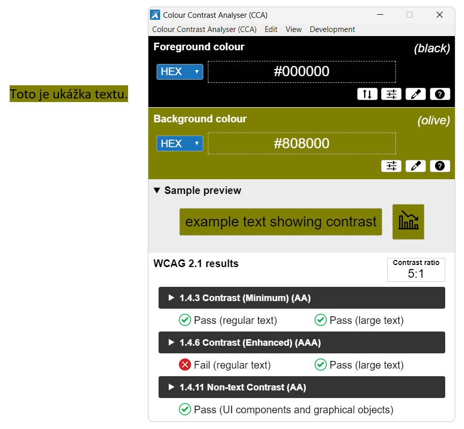 Screenshot programu Colour Contrast Analyzer s ukážkou jeho funkcionality - posúdení kontrastu textu a pozadia