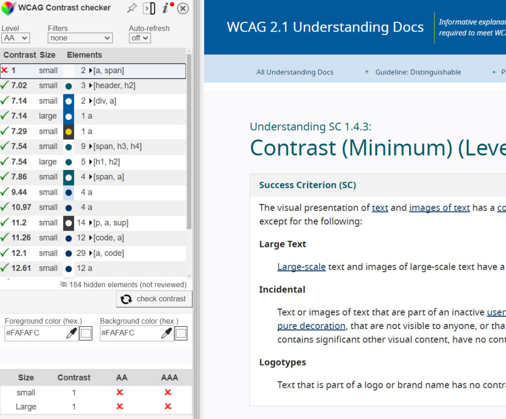 Screenshot z použitia nástroja WCAG Color Contrast Checker pre Google Chrome na webovom sídle WCAG 2.1 Understanding Docs